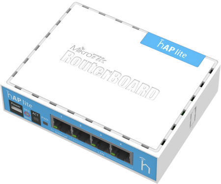 MikroTik hAP lite with 650MHz CPU, 32MB RAM, 4xLAN, built-in 2.4Ghz 802.11b/g/n 2x2 two chain wireless with integrated antennas, RouterOS L4, desktop case, PSU