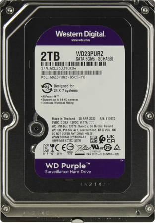 Western Digital Purple HDD 3.5" SATA 2TB, IntelliPower, 256MB buffer (DV&NVR), WD23PURZ, 1 year