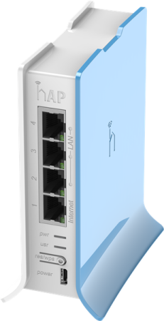 MikroTik hAP lite with 650MHz CPU, 32MB RAM, 4xLAN, built-in 2.4Ghz 802.11b/g/n 2x2 two chain wireless with integrated antennas, RouterOS L4, tower case, PSU