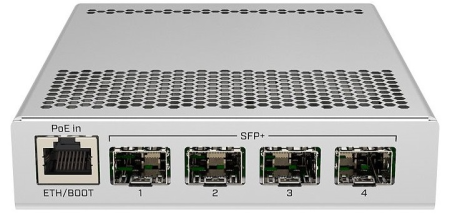 MikroTik Cloud Router Switch 305-1G-4S+IN with 800MHz CPU, 512MB RAM, 1xGigabit LAN, 4 x SFP+ cages, RouterOS L5 or SwitchOS (dual boot), metallic desktop case, PSU