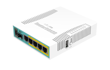 MikroTik hEX PoE with 800MHz CPU, 128MB RAM, 5x Gigabit LAN (four with PoE out), SFP, USB, RouterOS L4, plastic case and PSU