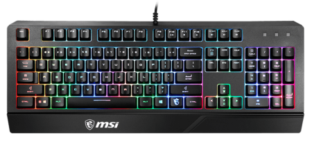 Gaming Keyboard MSI VIGOR GK20, Wired, membrane Keyboard with ergonomic keycaps and wrist rest.  12 Key Anti-ghosting Capability. Water Resistant (spill-proof), Static multi-colour backlighting, Black