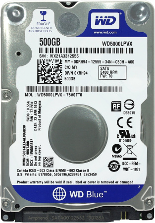 Жесткий диск 2,5" 500Gb Western Digital WD5000LPCX (SATA 6Gb/s, 5400 rpm, 8Mb, 7mm) Scorpio Blue