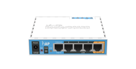 MikroTik hAP with 650MHz CPU, 64MB RAM, 5xLAN, built-in 2.4Ghz 802.11b/g/n 2x2 two chain wireless with integrated antennas, USB, RouterOS L4, desktop case, PSU