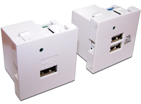 Модуль USB-зарядки, 2 порта, без шторки, 2.1A/5V, 45x45, белый