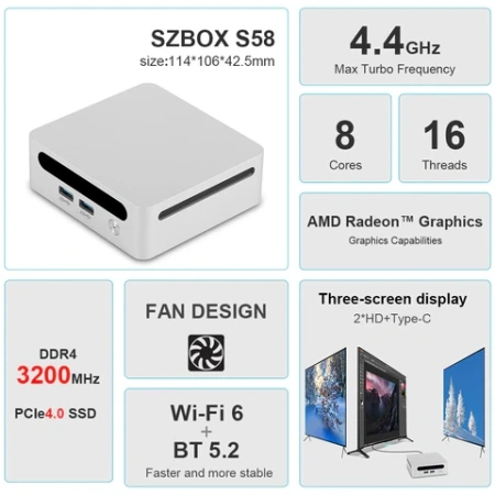 SZBOX S58 AMD Ryzen 7 5800H Мини ПК DDR4 3200 МГц 16 ГБ 32 ГБ 500 ГБ 1 ТБ PCIe4.0 SSD WIFI6 BT5.2 Настольный игровой компьютер VS SER5 PRO