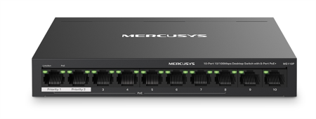Сетевое оборудование MERCUSYS MS110P, Настольный коммутатор с 10 портами 10/100 Мбит/с (8 портов PoE+) 802.3af/at, бюджет PoE — 65 Вт